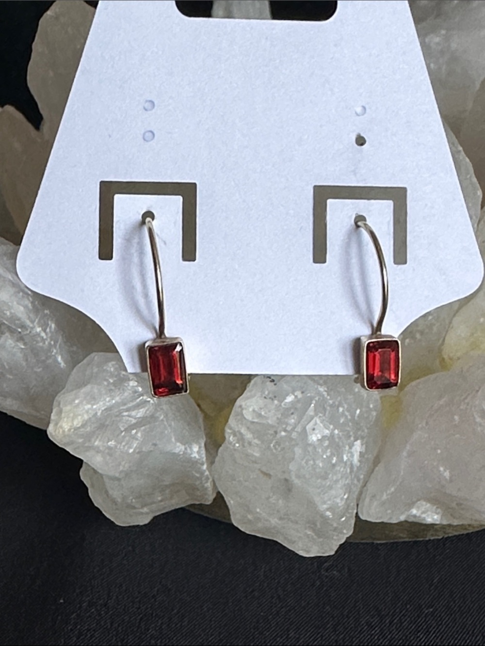 Garnet & Gold vermeil on 925 GUC emerald cut earrings. Hook closure; 925 stamp